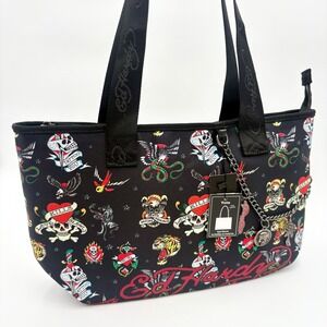 Ed Hardy Tattoo Print Tote Bag Purse Vegan Leather Chain Charm Black